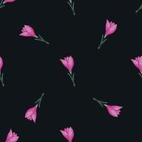Seamless floral pattern with random pink crocus flowers on dark maroon background. vector