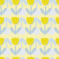 Bloom seamless nature pattern with yellow tulip flower elements. Pastel background. Blue foliage. vector