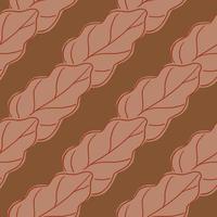 Decorative seamless foliage pattern with contoured diagonal oak leaves. Brown background. vector