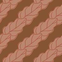 Decorative seamless foliage pattern with contoured diagonal oak leaves. Brown background. vector