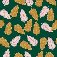 Nature seamless pattern with pink and orange random oak leaf elements. Green bright background. vector