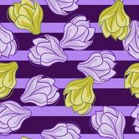 Random contoured magnolia flowers elements seamless pattern. Purple striped background. Simple style. vector