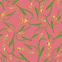 Decorative seamless pattern with yellow random lily of the valley elements. Bright pink background. vector