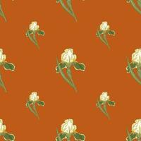 Minimalistic seamless pattern with vintage green iris flowers shapes print. Orange dark background. vector