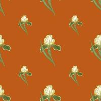 patrón minimalista sin costuras con estampado de formas de flores de iris verde vintage. fondo naranja oscuro. vector