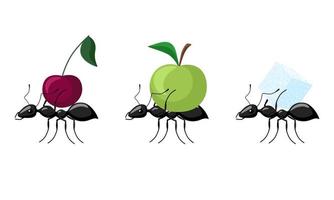 Set ants carrying different fruits isolated on white background. Colony of ants carrying apple, cherry, sugar and walking to the anthill. vector