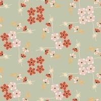 Cute summer style seamless pattern with red and pink little anemone flowers print. Light green background. vector