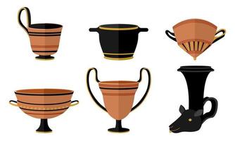 Set ancient Greece drinking cup rhyton, kantharos, skyphos, mastos, kyathos, cylix. Kit antiquity wine cup with patterns on white background in style flat vector