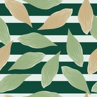 Bloom seamless pattern with green and pink colored leaves doodle ornament. Random print on green striped background. vector