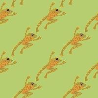 Decorative seamless pattern with pale palette orange froggy ornament. Green background. Simple style. vector
