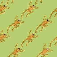 Decorative seamless pattern with pale palette orange froggy ornament. Green background. Simple style. vector