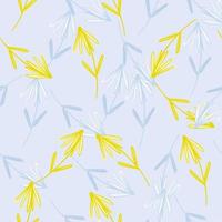 Cartoon seamless pattern with yellow flower elements. Blue pastel background. Scrapbook flora artwork. vector