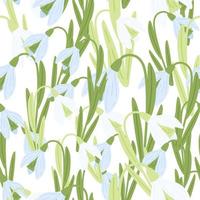 Spring botanic seamless pattern with green stems and blue snowdrop ornament. Isolated flowers backdrop. vector