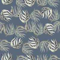 Random exotic seamless doodle foliage pattern with random tropic leaves print. Navy blue pale background. vector