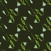 Green and blue colored bluebell seamless pattern in hand drawn style. Dark brown background. Floral backdrop. vector