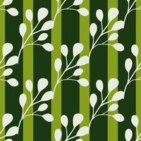 White doodle eucalyptus leaves seamless pattern in simple botanic style. Green striped background. vector