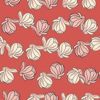 Summet style floral seamless pattern with outline random magnolia flowers print. Red background. vector