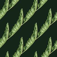 Green diagonal seamless pattern with banana leaves print. Black background. Doodle abstract backdrop. vector