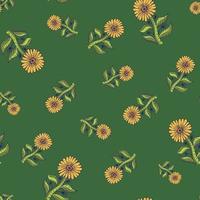 Summer season seamless pattern with random orange contoured sunflower elements. Green background. vector