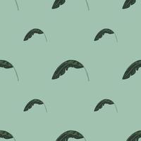 Minimalistic seamless pattern in hand drawn style with green tropic leaves print. Light blue background. vector