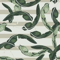 Random tropical leaves silhouettes seamless floral pattern. Pastel striped background. Simple style. vector