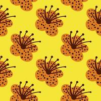 Seamless pattern spring plants on bright yellow background. Vector floral template in doodle style with flowers.
