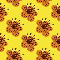 Seamless pattern spring plants on bright yellow background. Vector floral template in doodle style with flowers.