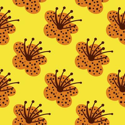 Seamless pattern spring plants on bright yellow background. Vector floral template in doodle style with flowers.