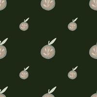Minimalistic seamless pattern with doodle grey apple ornament. Dark green olive background. vector