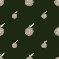 Minimalistic seamless pattern with doodle grey apple ornament. Dark green olive background. vector