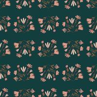 Pink wild flowers bouquet simple seamless pattern. Dark green background. Nature print. vector