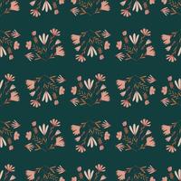 Pink wild flowers bouquet simple seamless pattern. Dark green background. Nature print. vector