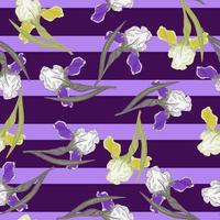 Random seamless pattern with doodle iris flower ornament. Purple bright striped background. Creative print. vector