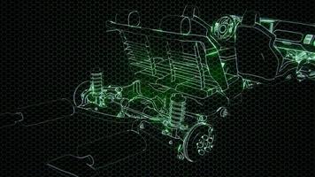 Holographic animation of 3D wireframe car model with engine video