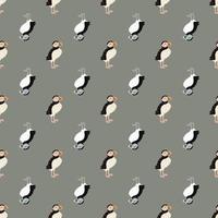 Icelandic zoo nature seamless pattern with hand drawn black and white colored puffin print. Grey background. vector