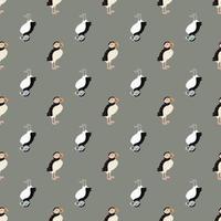 Icelandic zoo nature seamless pattern with hand drawn black and white colored puffin print. Grey background. vector