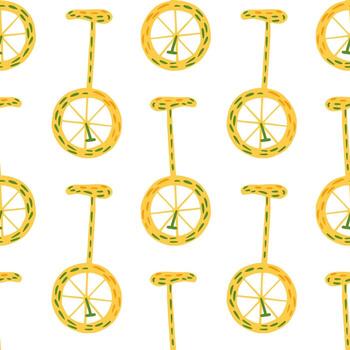 Isolated seamless pattern with bright yellow bicycle elements. White background. Circus backdrop. vector