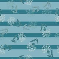 Organic seamless pattern with random hand drawn dandelion flowers print. Blue striped background. vector