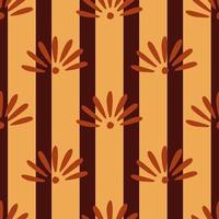 Autumn tones seamless pattern with chamomile flower elements print. Striped beige and maroon background. vector