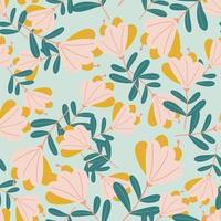 Pink and turquoise colored flower simple silhouettes seamless pattern. Pastel light blue background. vector