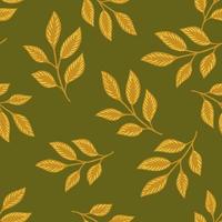 Herbal seamless autumn pattern with simple random leaf elements. Green olive background. Botanic style. vector