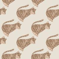 Beige predator cat seamless pattern with simple tiger elements. Light grey background. Doodle print. vector