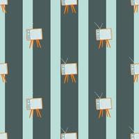 Decorative seamless retro pattern with tv elements. Artwork in blue tones with striped background. vector