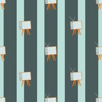 Decorative seamless retro pattern with tv elements. Artwork in blue tones with striped background. vector