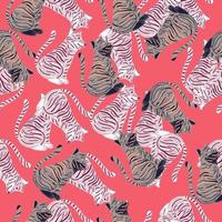 Seamless random pattern with hand drawn tiger simple silhouettes. Pastel pink background. Doodle design. vector