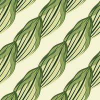 Abstract green contoured leaves seamless doodle pattern. Light pink background. Doodle floral backdrop. vector