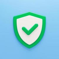 icono de escudo de protección 3d. escudo verde con el signo correcto. concepto de sistema de protección y seguridad web. representación 3d foto