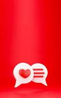 3d heart with chat bubble. 3d render social media notification love like heart icon with talk message shape photo