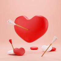 3d rendering heart shape pink background. 3D icon a red heart pierced through with arrow on pink background Cartoon minimal cute smooth. Valentine's Day concept. photo