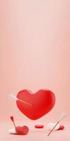 3d rendering heart shape pink background. 3D icon a red heart pierced through with arrow on pink background Cartoon minimal cute smooth. Valentine's Day concept. photo